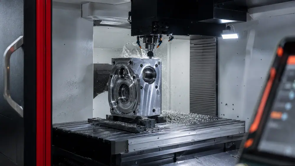 Aufgespanntes Werkstück auf einem CNC-Fräszentrum